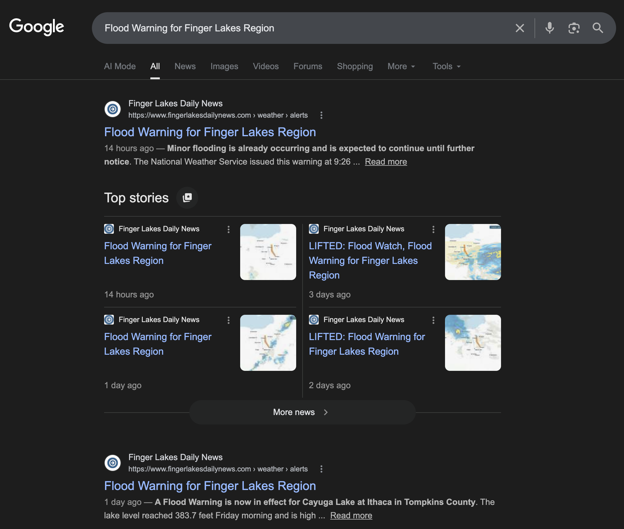 Google results page for 'Flood Warning for Finger Lakes Region' with Finger Lakes Daily News as the #1 organic result and all four Top Stories, each carrying an auto-generated radar map thumbnail.