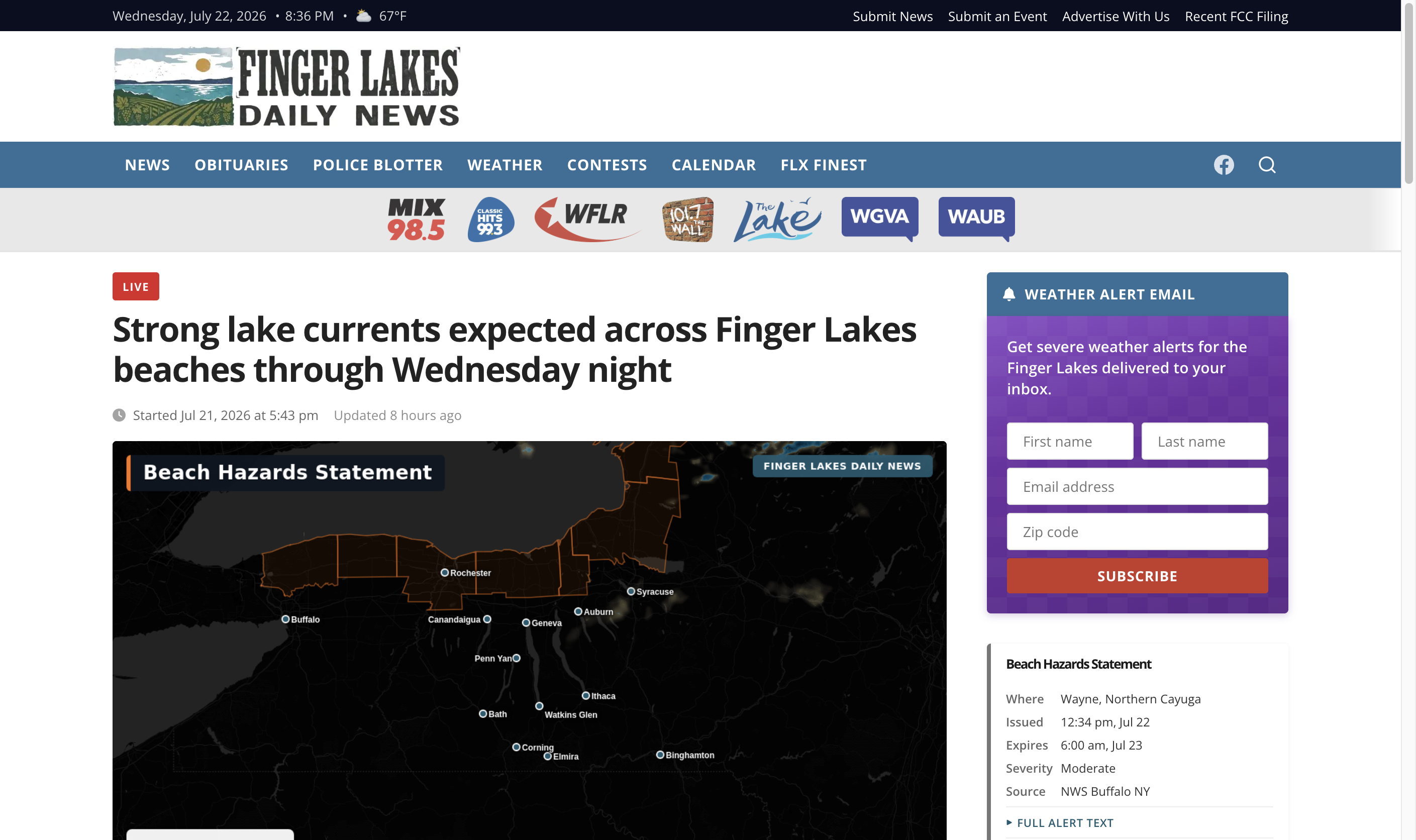 Live weather-alert article on fingerlakesdailynews.com showing a current NWS Beach Hazards Statement for the Finger Lakes with an auto-generated regional radar map.